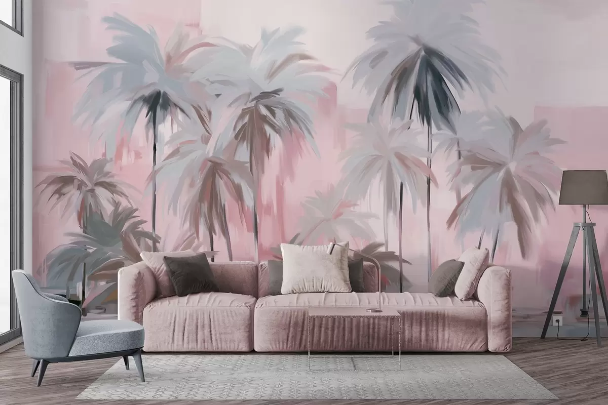 fototapeter Abstrakte minimalistiske pastelfarvede tropiske palmer på en baggrund af dæmpede rosa og grå nuancer w09212v1