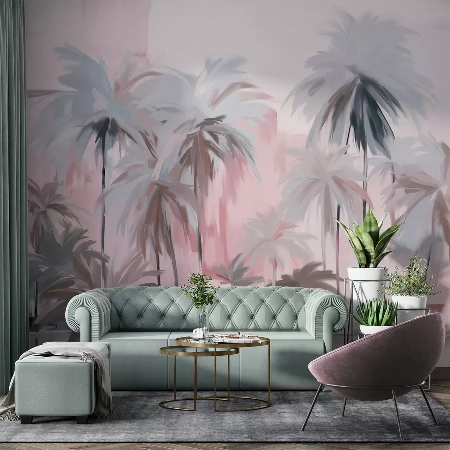 Murale Palmiers tropicaux abstraits, minimalistes et pastel, sur un fond de teintes sourdes roses et grises w09212v1