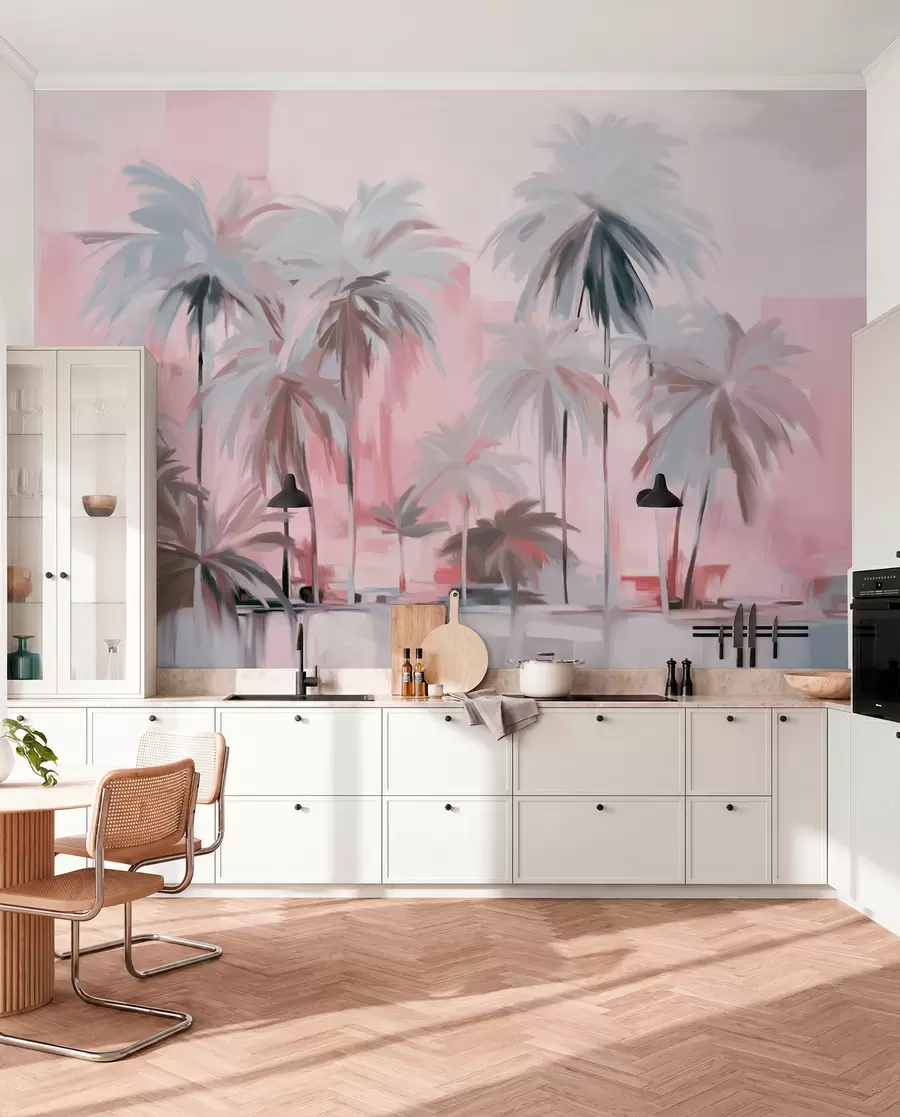 fototapeter Abstrakte minimalistiske pastelfarvede tropiske palmer på en baggrund af dæmpede rosa og grå nuancer w09212v1