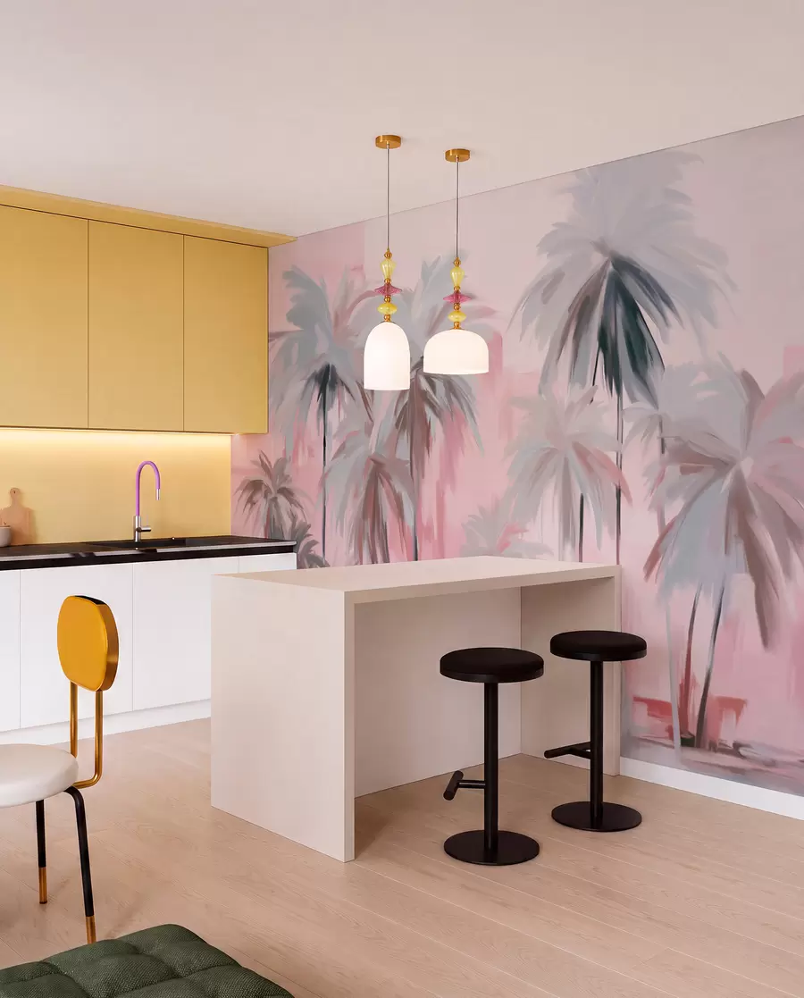 fototapeter Abstrakte minimalistiske pastelfarvede tropiske palmer på en baggrund af dæmpede rosa og grå nuancer w09212v1