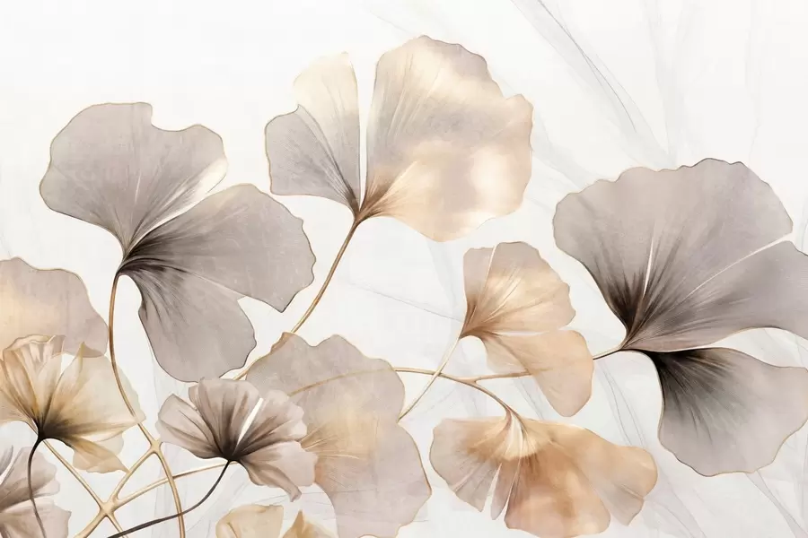 Fototapete Ginkgo biloba Blätter in Beige-, Gelb- und Brauntönen, zart strukturierter Aquarelleffekt, heller Hintergrund w09215