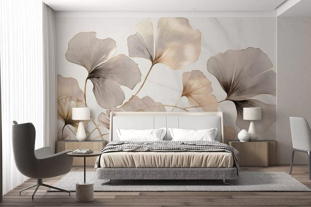 fototapeter Ginkgo biloba-blade i beige, gule og brune toner, delikat struktureret akvareleffekt, lys baggrund w09215