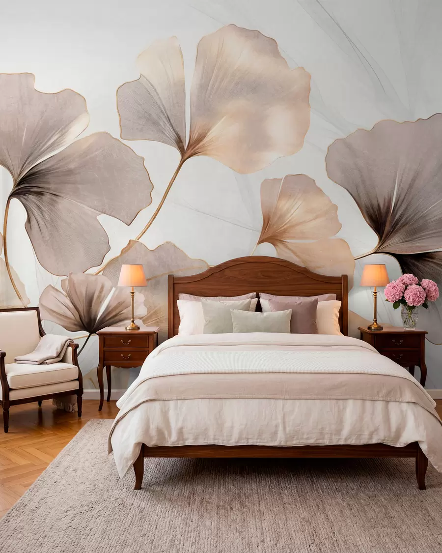 fototapeter Ginkgo biloba-blade i beige, gule og brune toner, delikat struktureret akvareleffekt, lys baggrund w09215