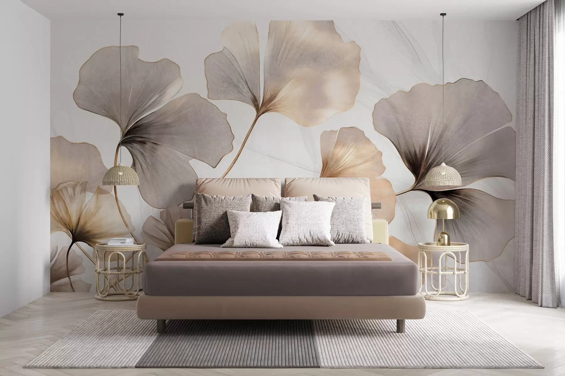 fototapeter Ginkgo biloba-blade i beige, gule og brune toner, delikat struktureret akvareleffekt, lys baggrund w09215