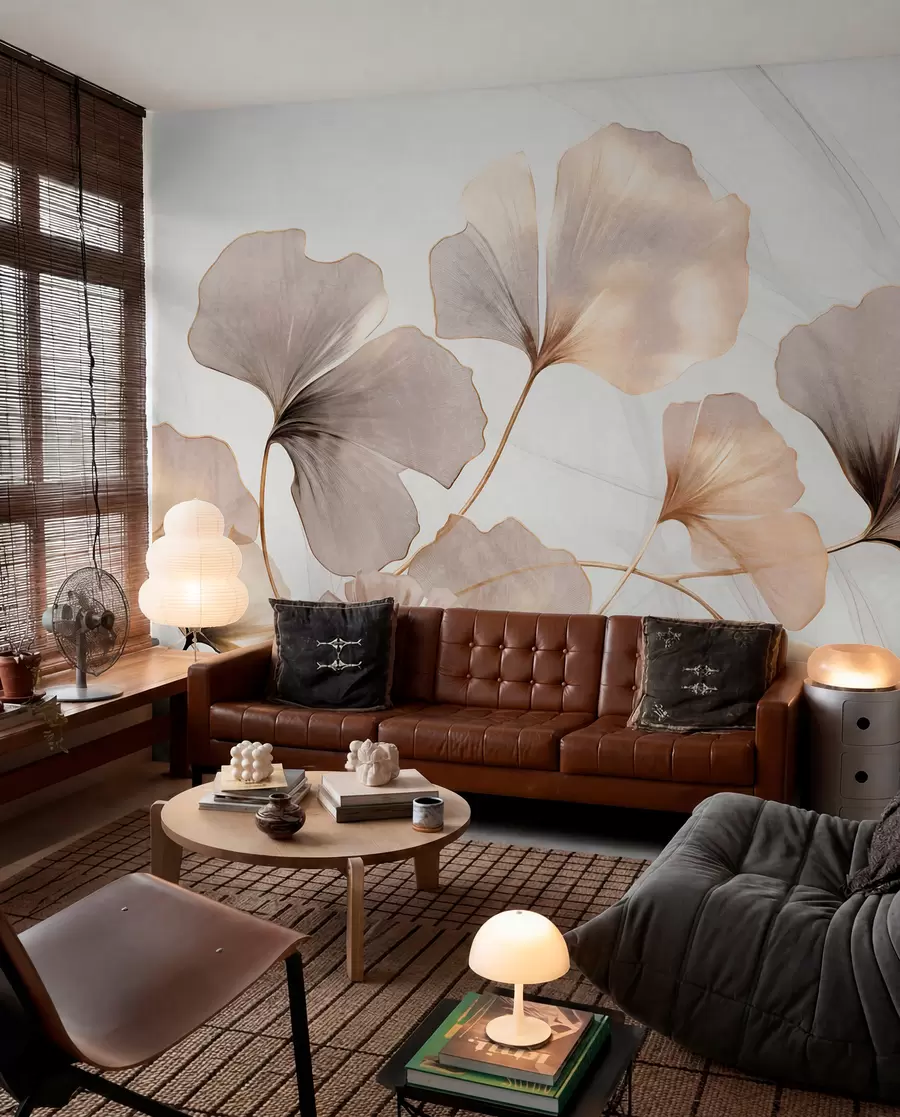 fototapeter Ginkgo biloba-blade i beige, gule og brune toner, delikat struktureret akvareleffekt, lys baggrund w09215