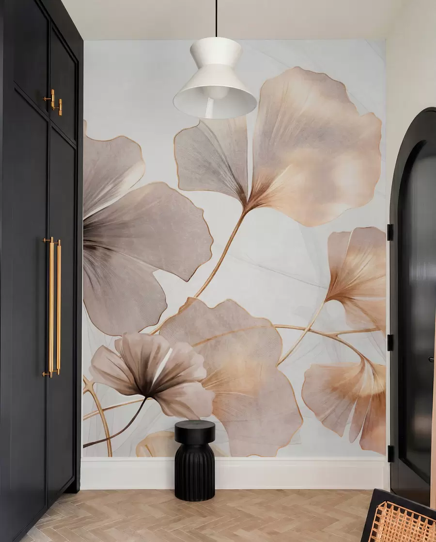 fototapeter Ginkgo biloba-blade i beige, gule og brune toner, delikat struktureret akvareleffekt, lys baggrund w09215