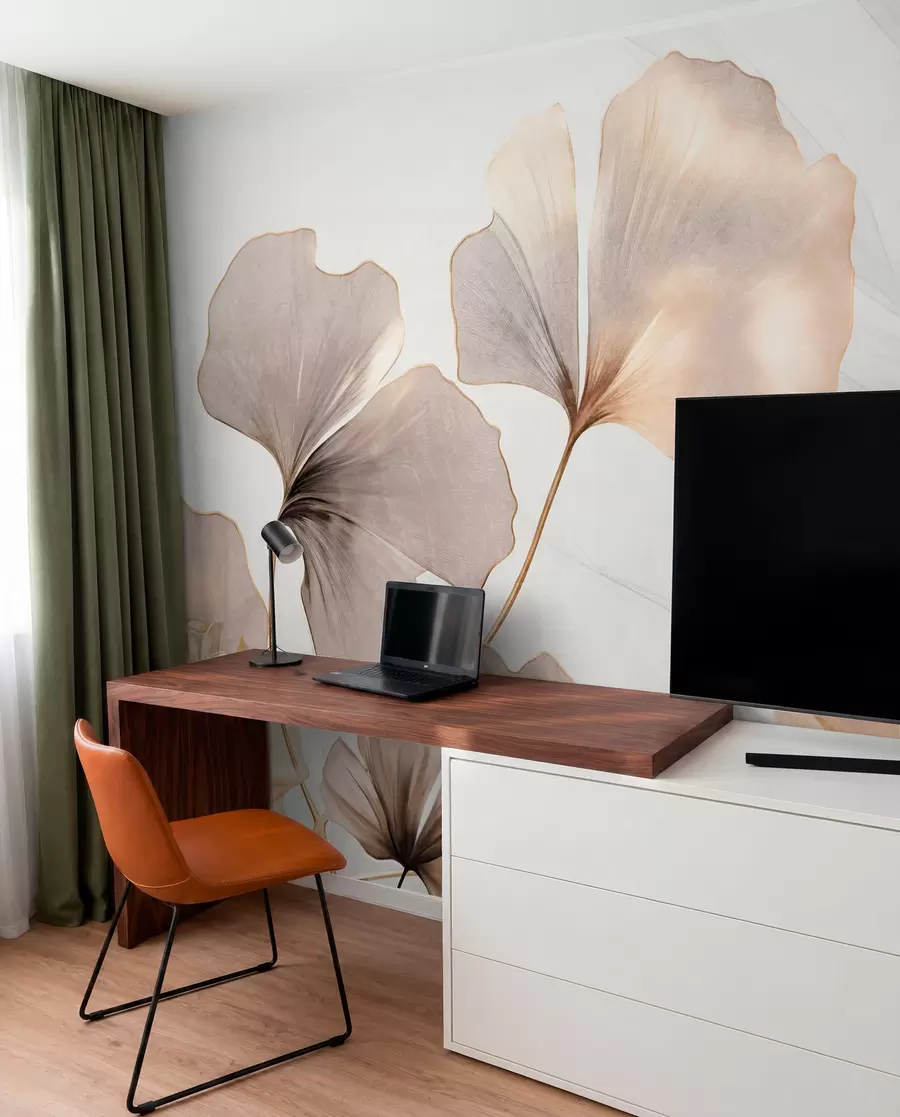 fototapeter Ginkgo biloba-blade i beige, gule og brune toner, delikat struktureret akvareleffekt, lys baggrund w09215