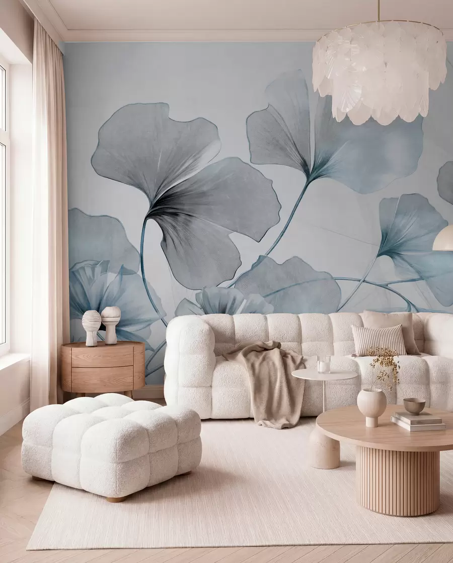 Murale Feuilles de Ginkgo biloba dans des tons bleus et gris, effet aquarelle délicatement texturé, fond clair w09215v1