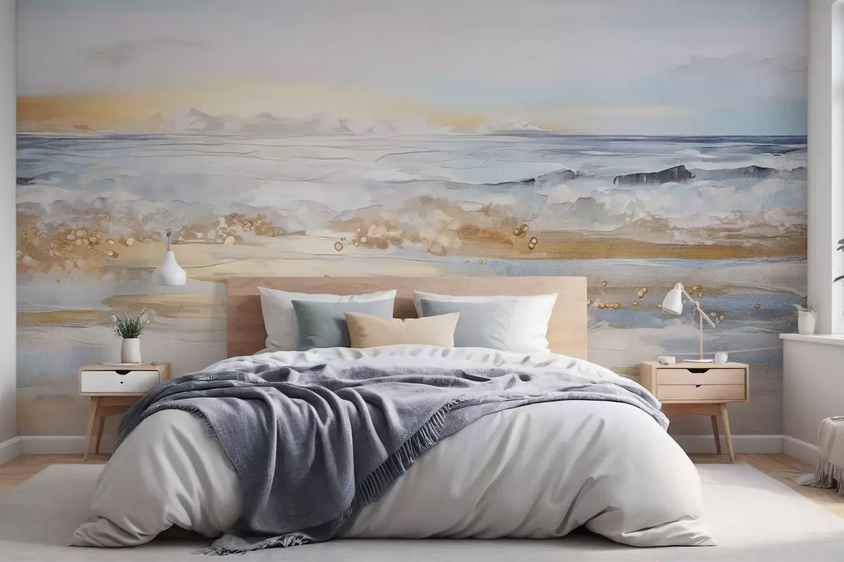 fototapeter Abstrakt tekstureret landskab med havbølger, der slår ned på en sandstrand, bløde pastelfarver, blå himmel med lette skyer w09234