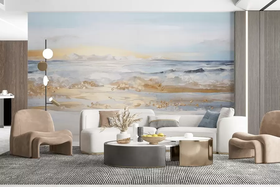 Murale Paysage abstrait texturé, vagues de l'océan s'écrasant sur une plage de sable, couleurs pastel douces, ciel bleu avec nuages légers w09234