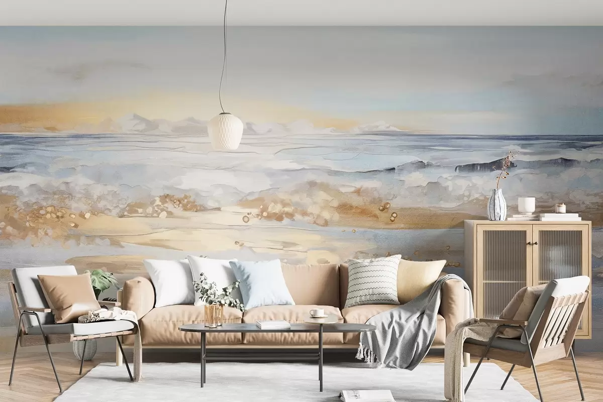 fototapeter Abstrakt tekstureret landskab med havbølger, der slår ned på en sandstrand, bløde pastelfarver, blå himmel med lette skyer w09234