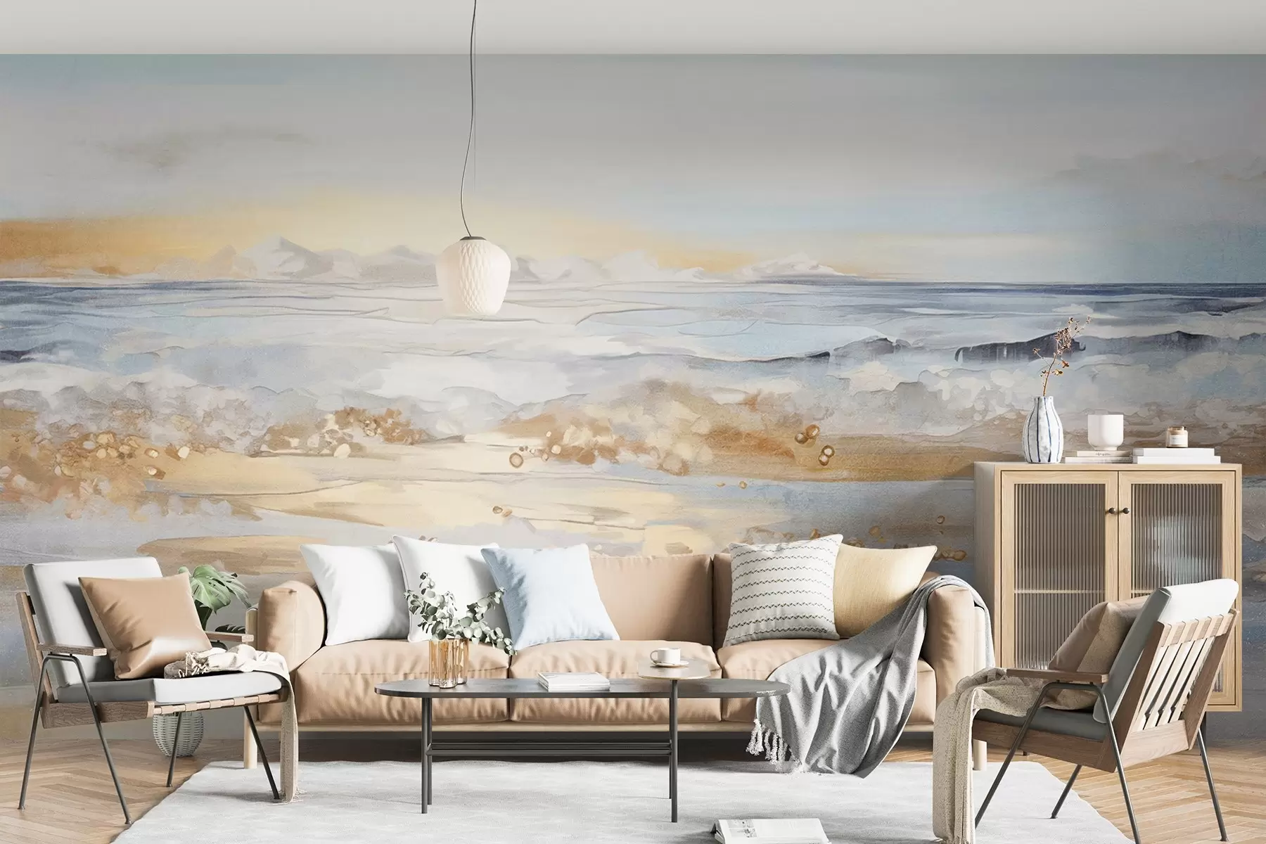 fototapeter Abstrakt tekstureret landskab med havbølger, der slår ned på en sandstrand, bløde pastelfarver, blå himmel med lette skyer w09234