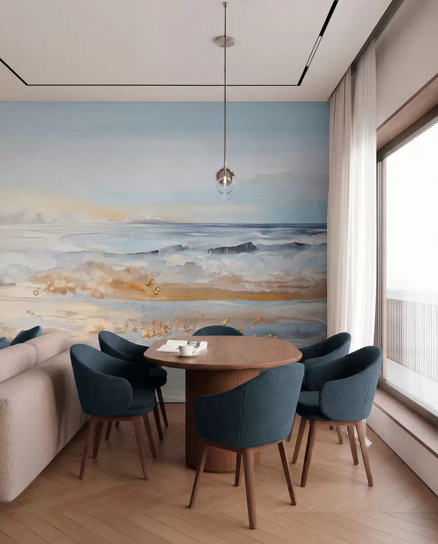fototapeter Abstrakt tekstureret landskab med havbølger, der slår ned på en sandstrand, bløde pastelfarver, blå himmel med lette skyer w09234