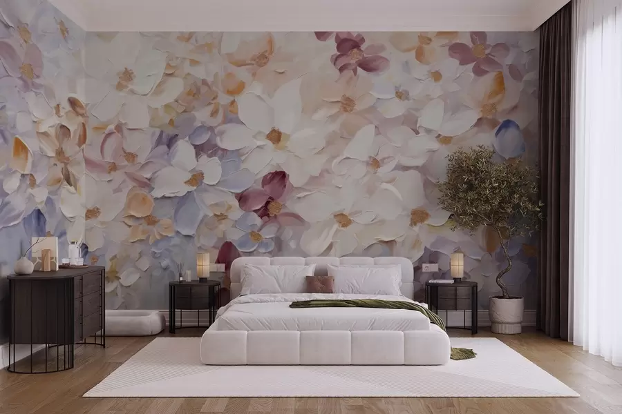 Fototapete Ölgemälde Nachahmung eines Blumengartens mit weißen, rosa und orangefarbenen Blumen, weiche Pinselstriche, Pastell gedämpfte Farben w09236