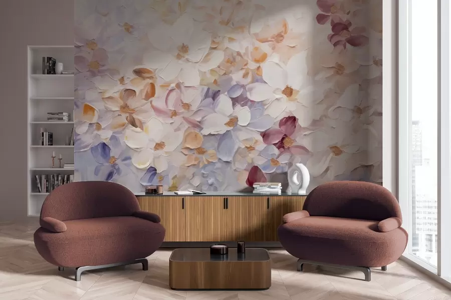 Fototapete Ölgemälde Nachahmung eines Blumengartens mit weißen, rosa und orangefarbenen Blumen, weiche Pinselstriche, Pastell gedämpfte Farben w09236