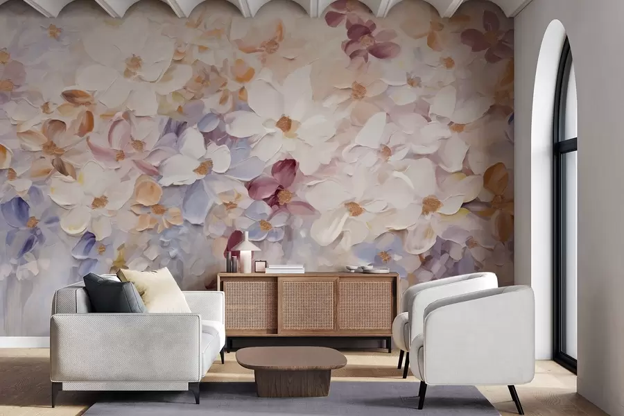 Fototapete Ölgemälde Nachahmung eines Blumengartens mit weißen, rosa und orangefarbenen Blumen, weiche Pinselstriche, Pastell gedämpfte Farben w09236