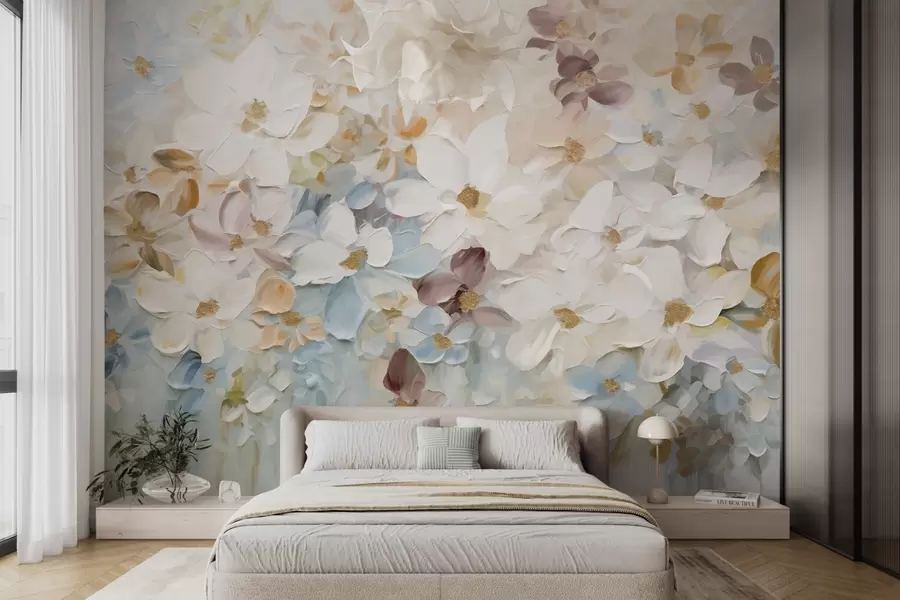 fototapeter Oliemaleri af en blomsterhave med hvide, blå og orange blomster, bløde penselstrøg, dæmpede pastelfarver w09236v1