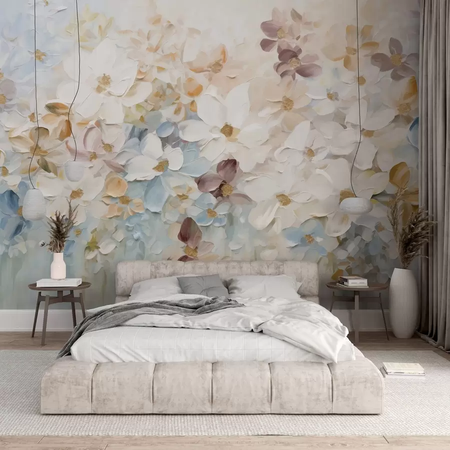 Murale Peinture à l'huile imitant un jardin de fleurs avec des fleurs blanches, bleues et orange, coups de pinceau doux, couleurs pastel atténuées w09236v1