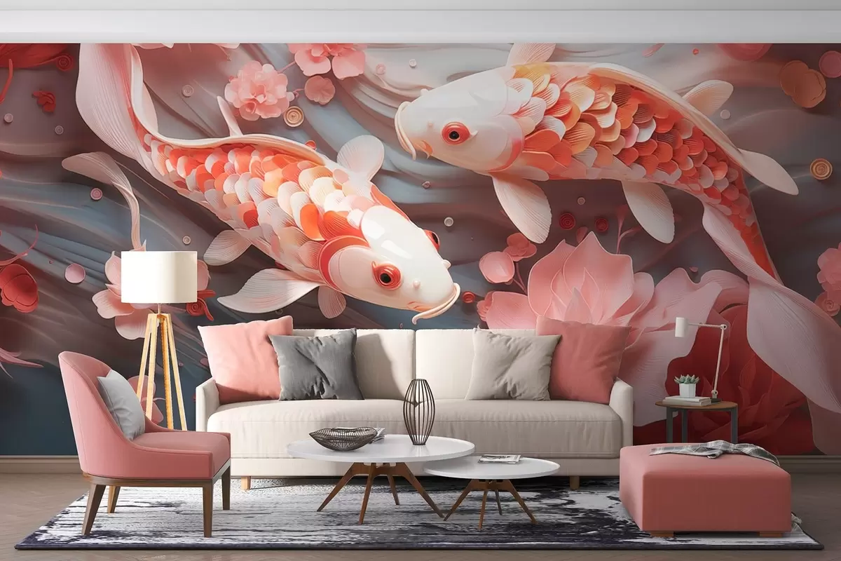 fototapeter Delikate fisk med dimensionelle skæl svømmer gennem en strøm af kronblade og bløde rosa toner w09237