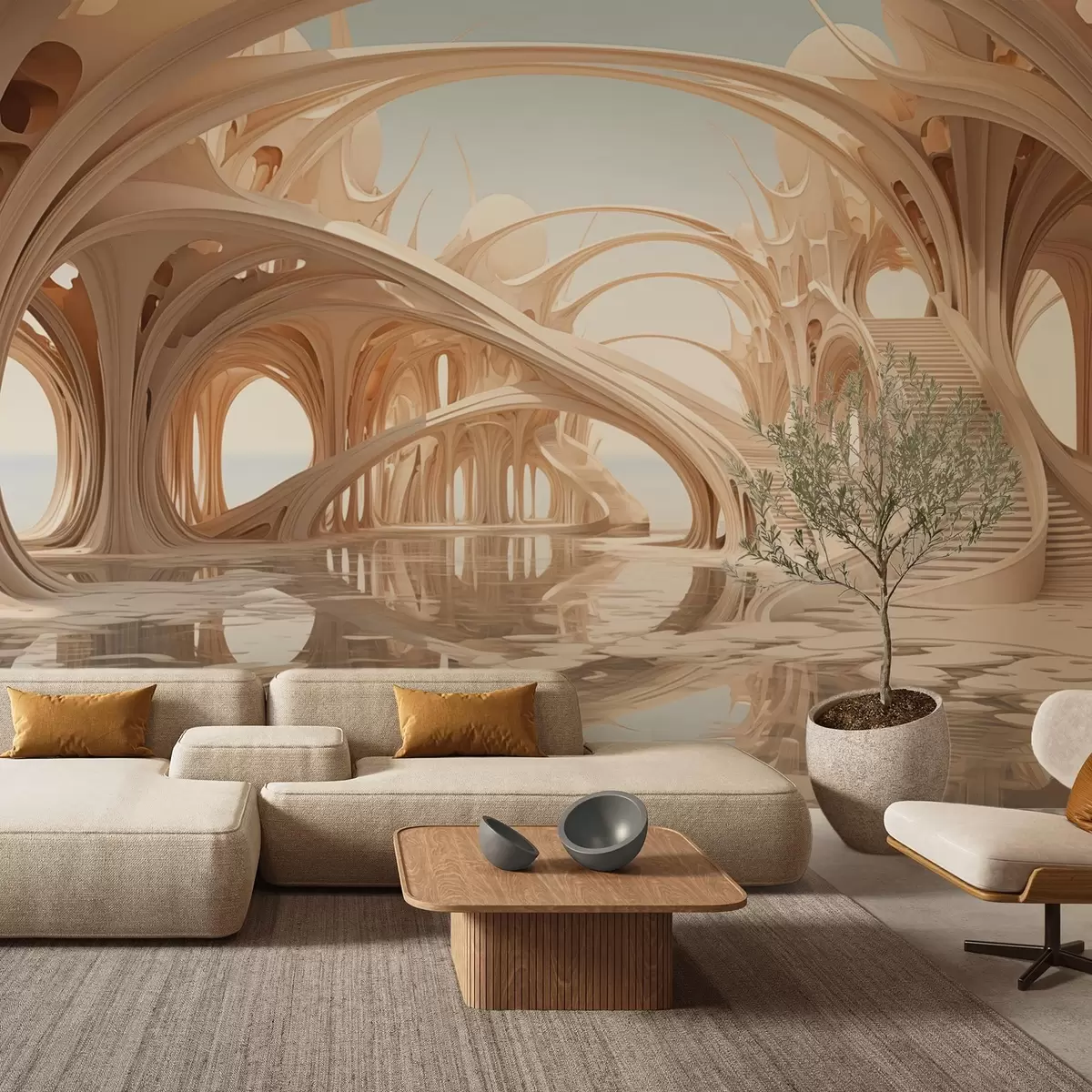 fototapeter Fantasifuld arkitektur med buer over vandet w09241