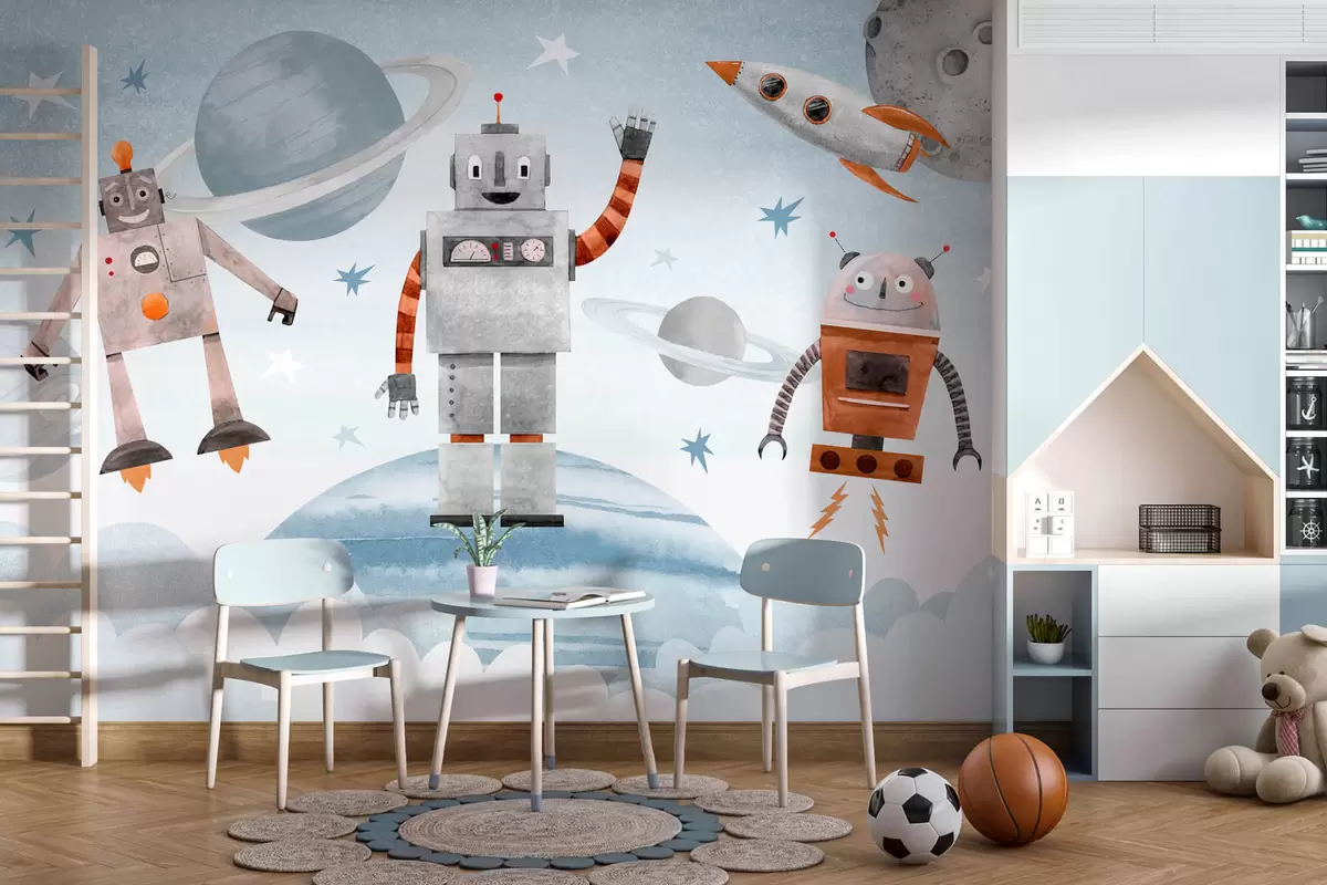fototapeter Robotter i rummet i akvarelstil w04016