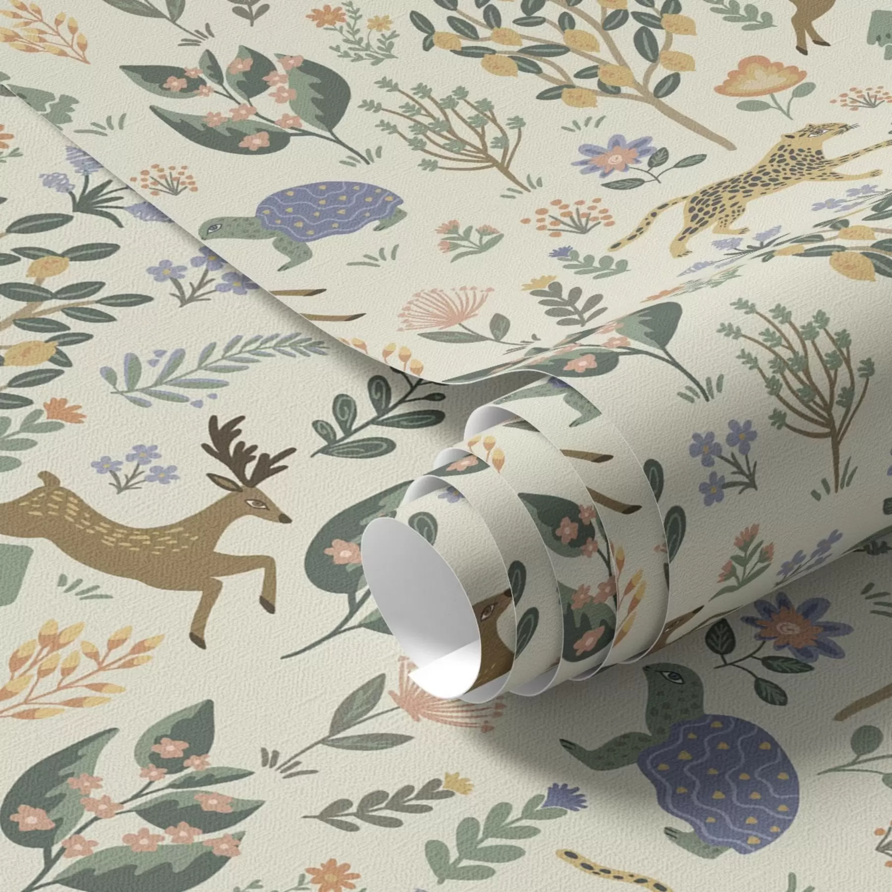 Murale Illustration rétro avec des léopards, des arbres et des cerfs a00184