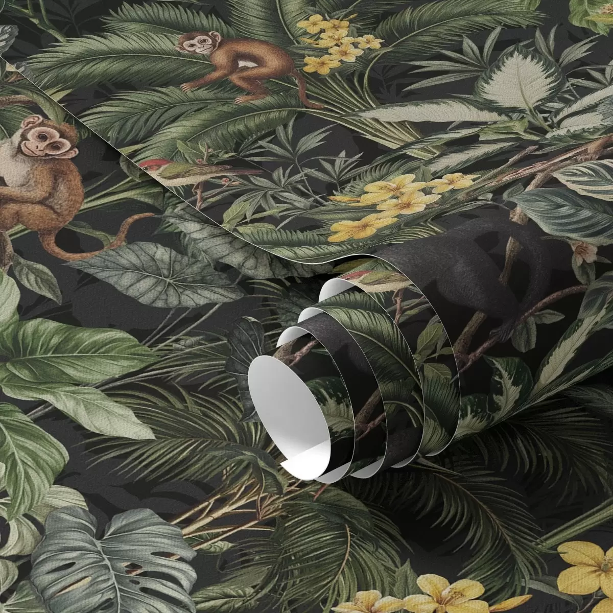 Baggrund Tropisk jungle med aber, fugle og tæt bevoksning a00191