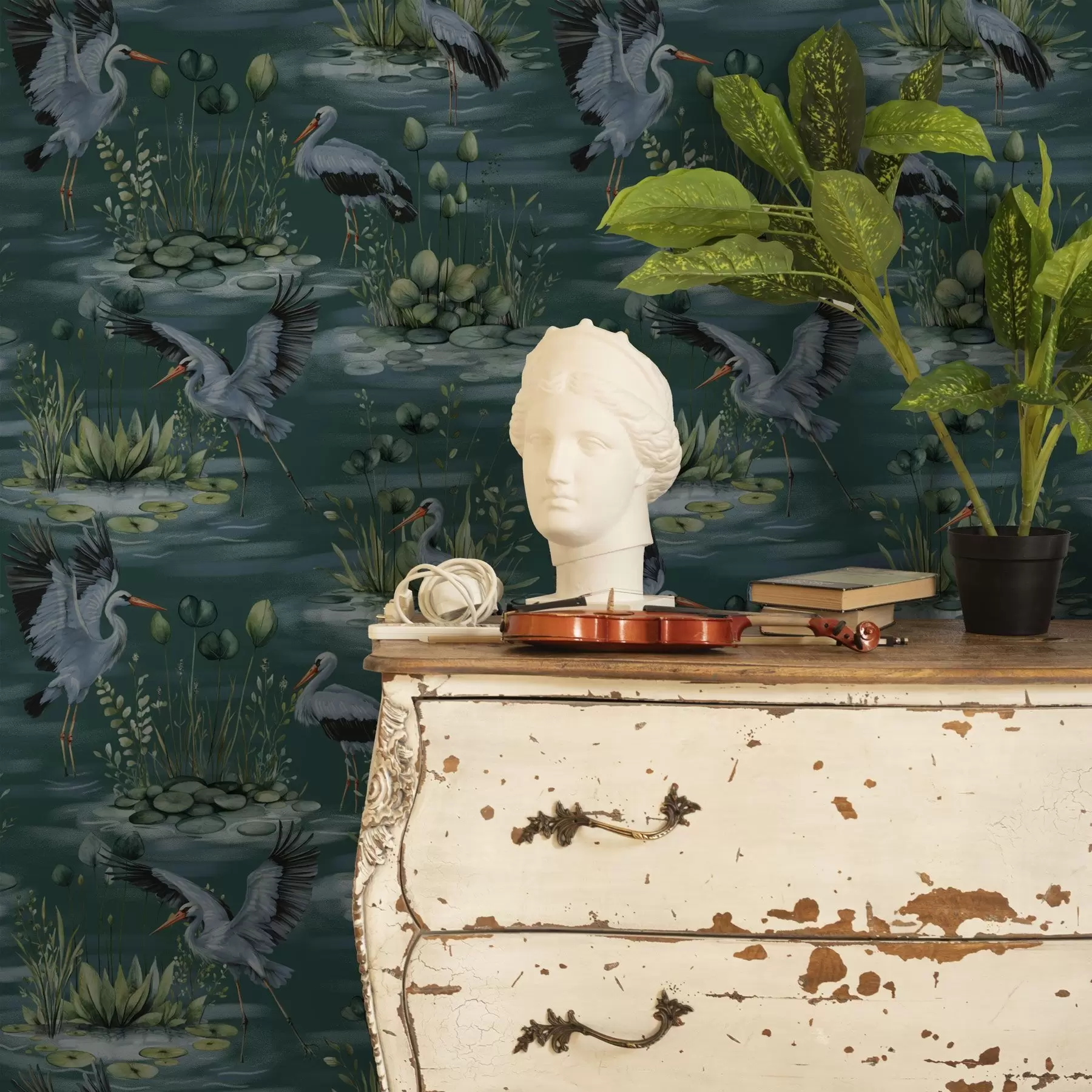 Murale Scènes avec des hérons sur fond d'étangs et de nénuphars a00202