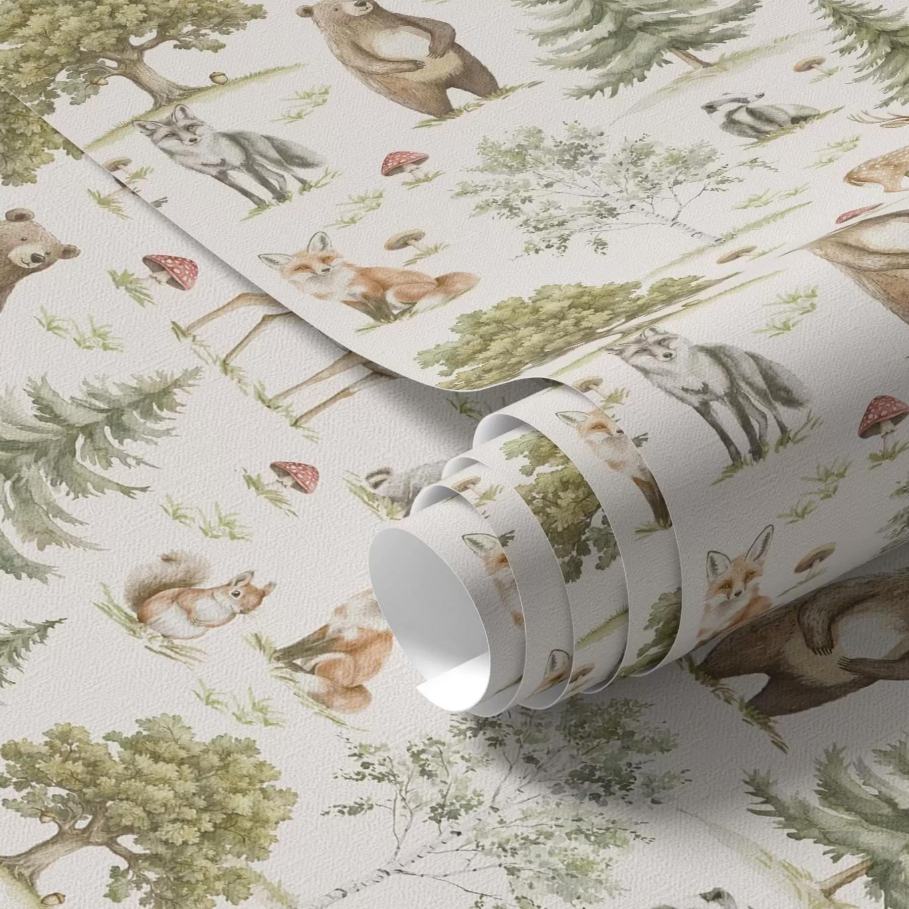 Fototapete Waldtiere im weichen Aquarellstil, Bäume und Pilze a00212