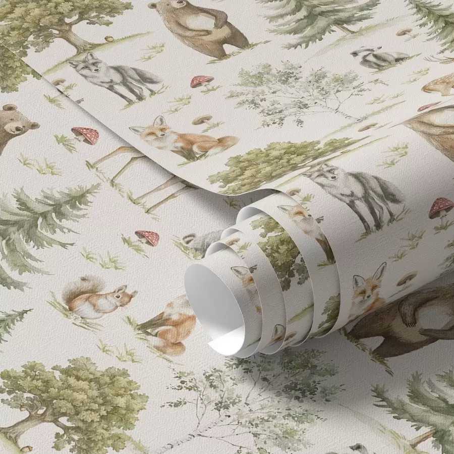 fototapeter Skovdyr i blød akvarelstil, træer og svampe a00212