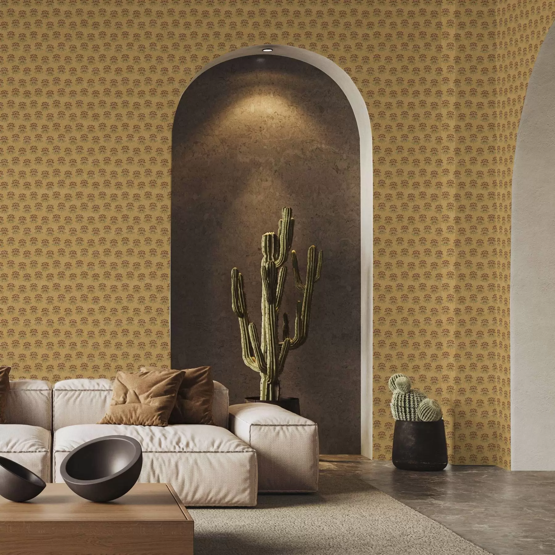 Murale Motif floral rétro avec lotus sur fond jaune a00238