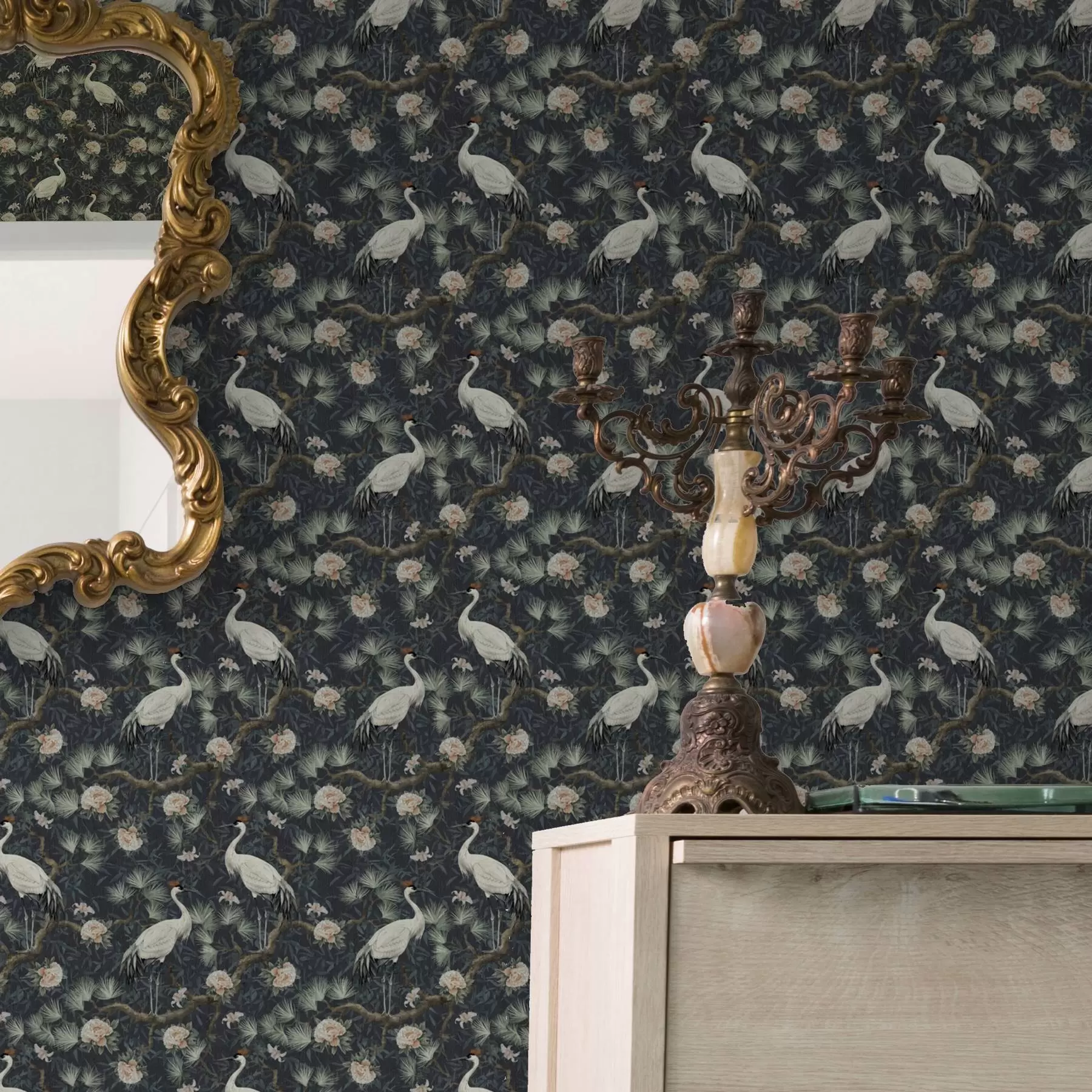 fototapeter Traner blandt fyrretræer og pæoner på en mørk baggrund a00241