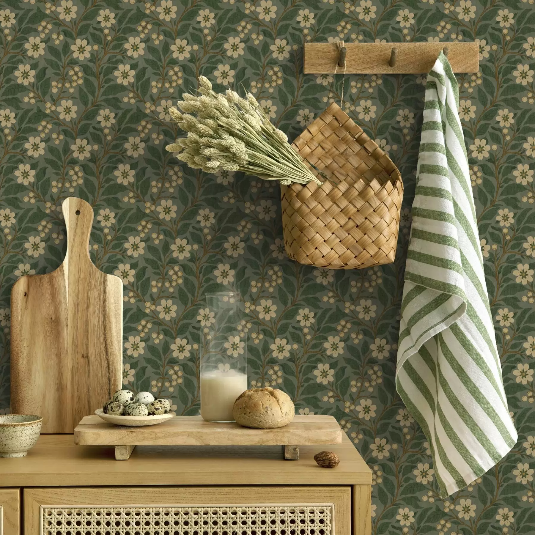 fototapeter Gule blomster og bær på en grøn baggrund a00242