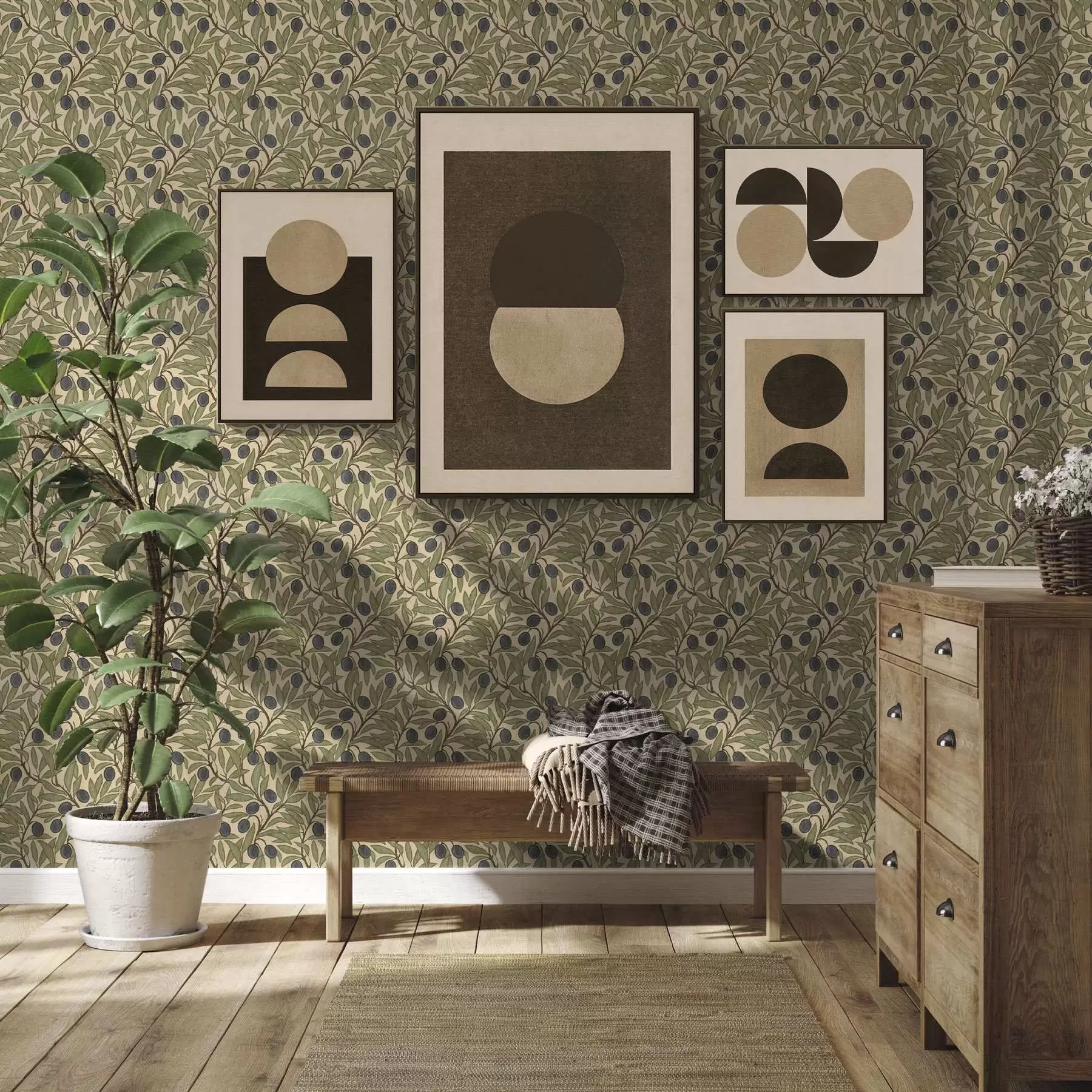 Murale Olives sur branches dans une palette d'olives chaudes a00246