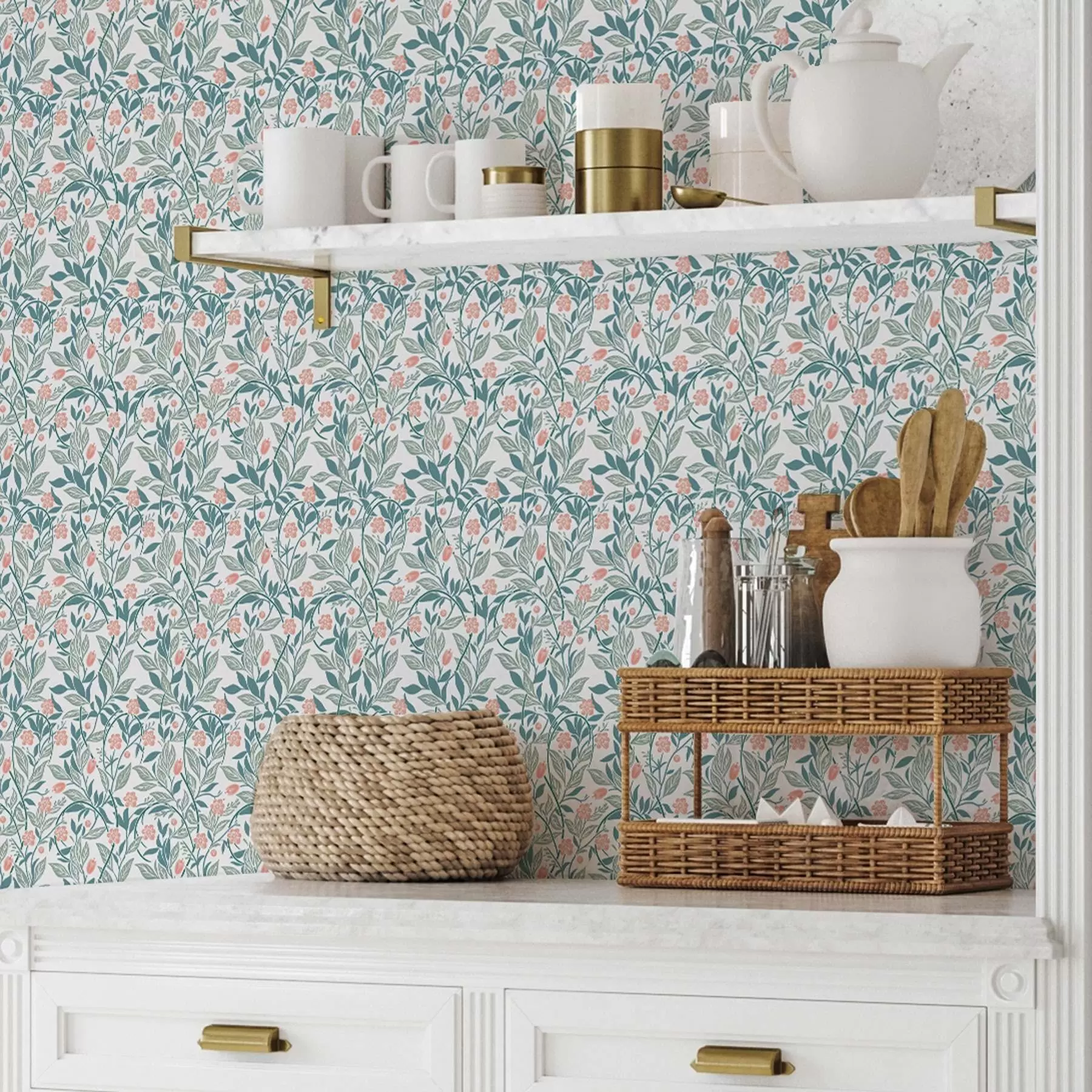 fototapeter Frisk mønster med koralfarvede blomster og blade a00247