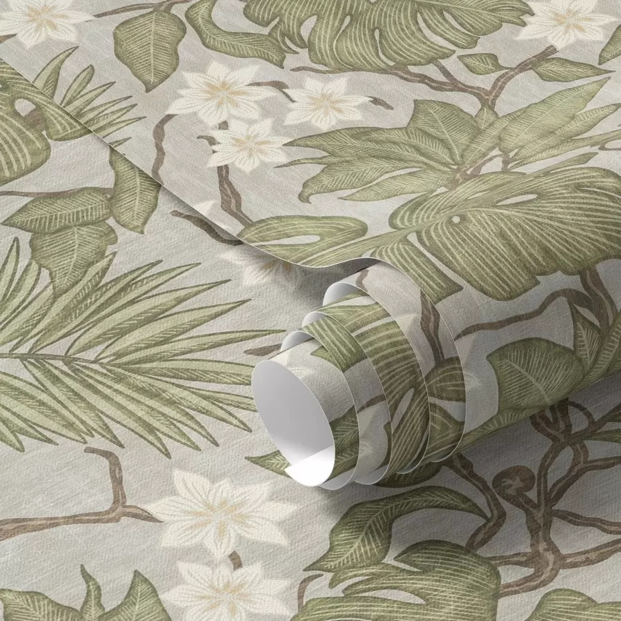 fototapeter Tropiske monstera-blade og blomster på en grå baggrund a00249