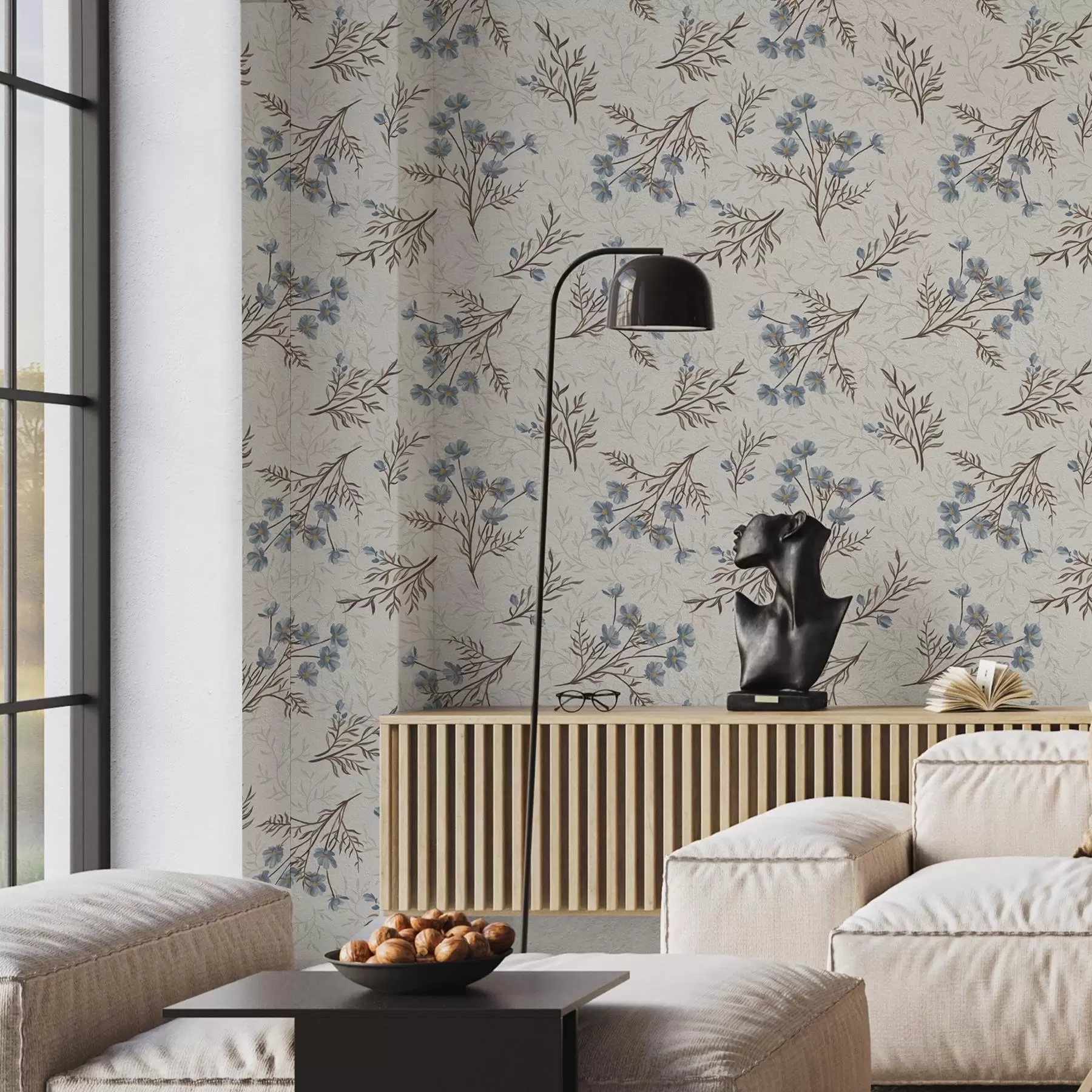 Murale Fleurs bleues et branches légères sur fond blanc a00265v1