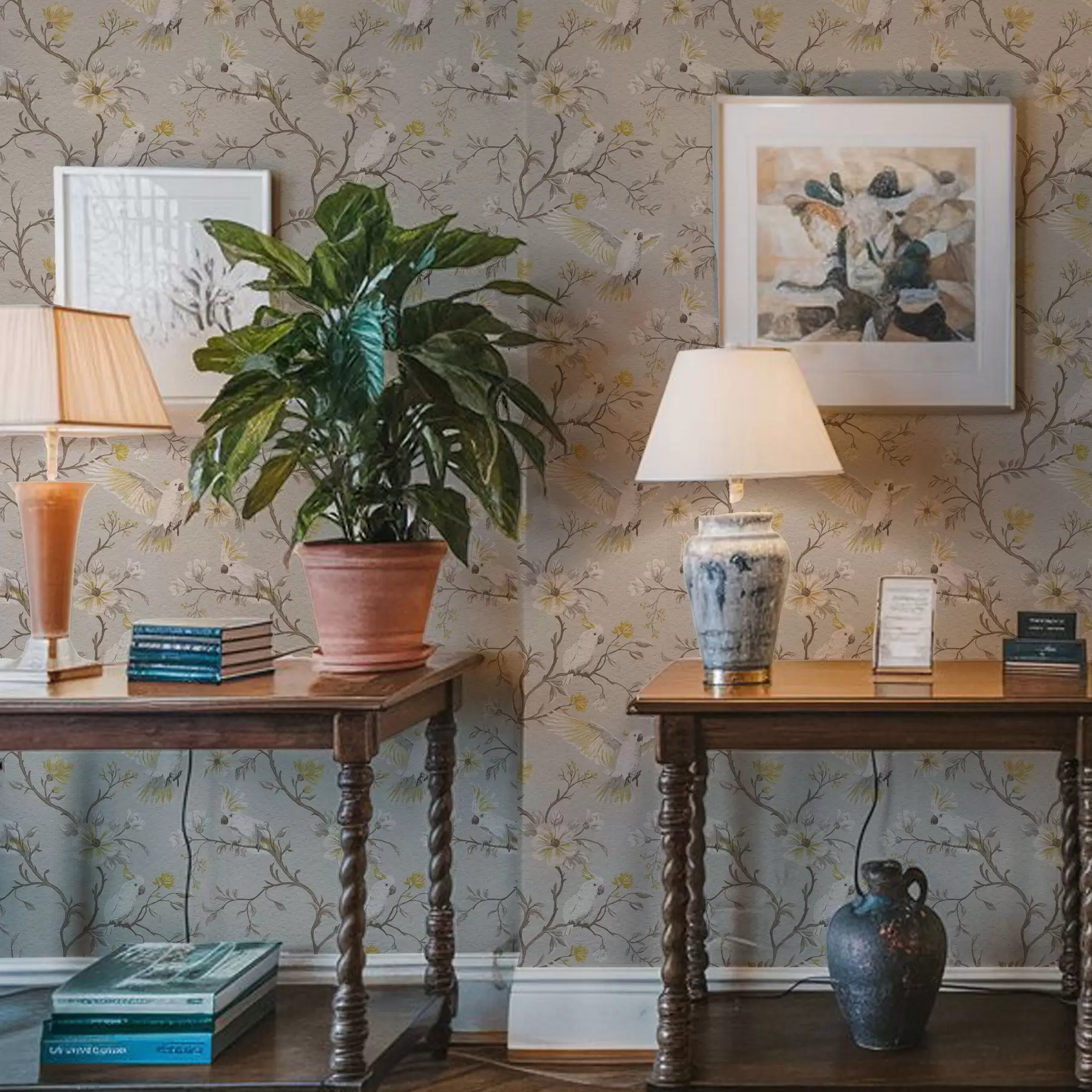 fototapeter Papegøjer og gule blomster på lys baggrund a00270