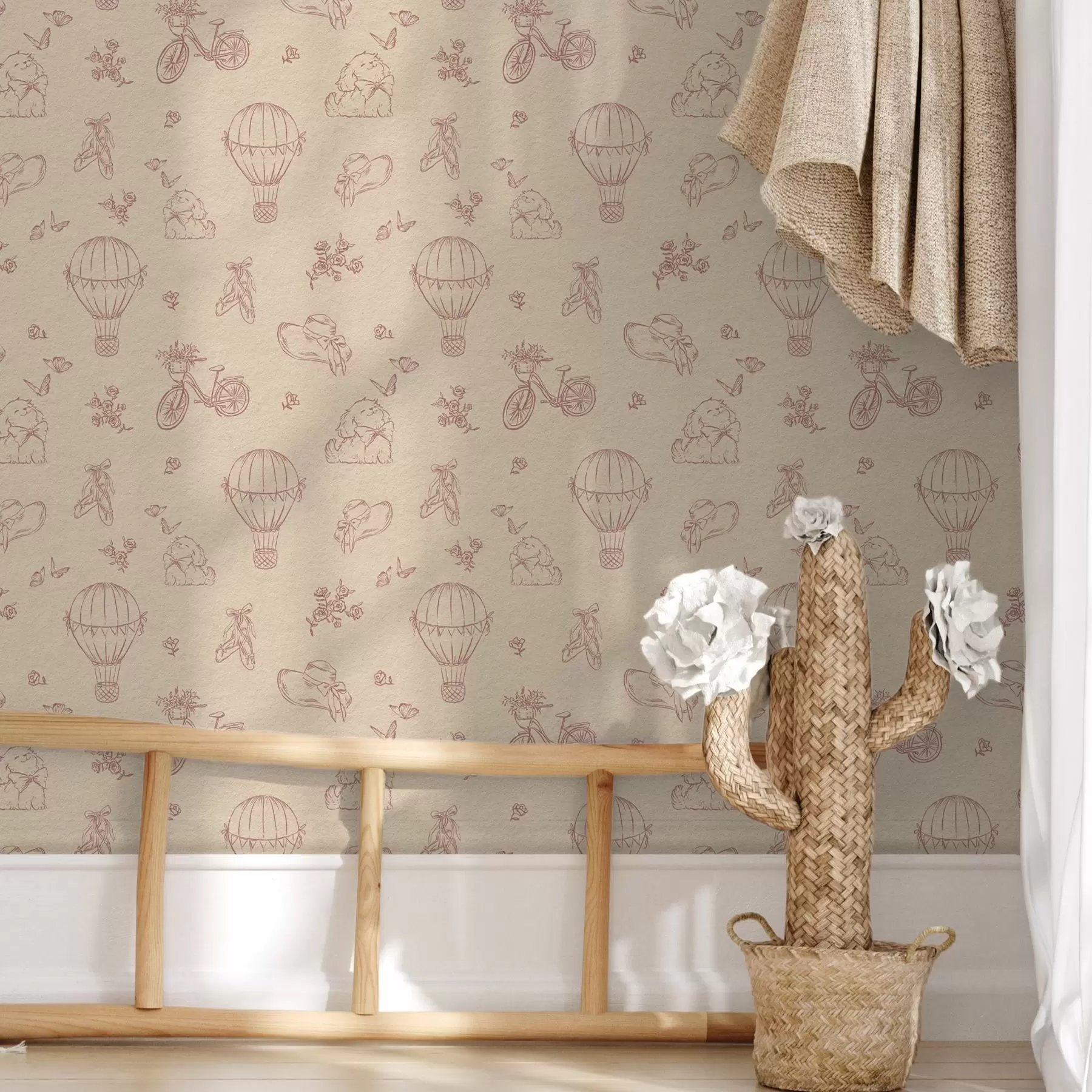 fototapeter Babyrosa mønster med hund, blomster og luft a00279