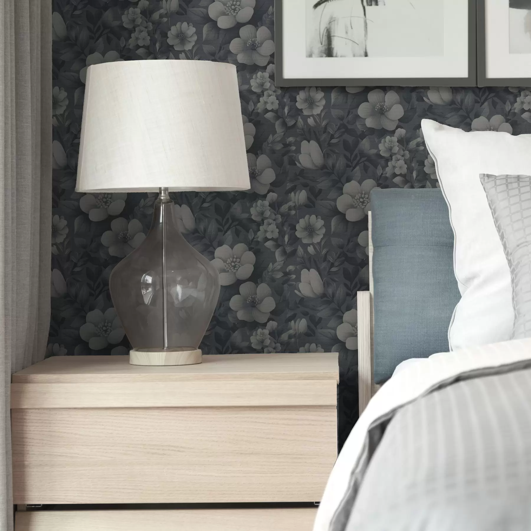 Fototapete Dunkelblaues Muster mit voluminösen weißen Blüten a00282