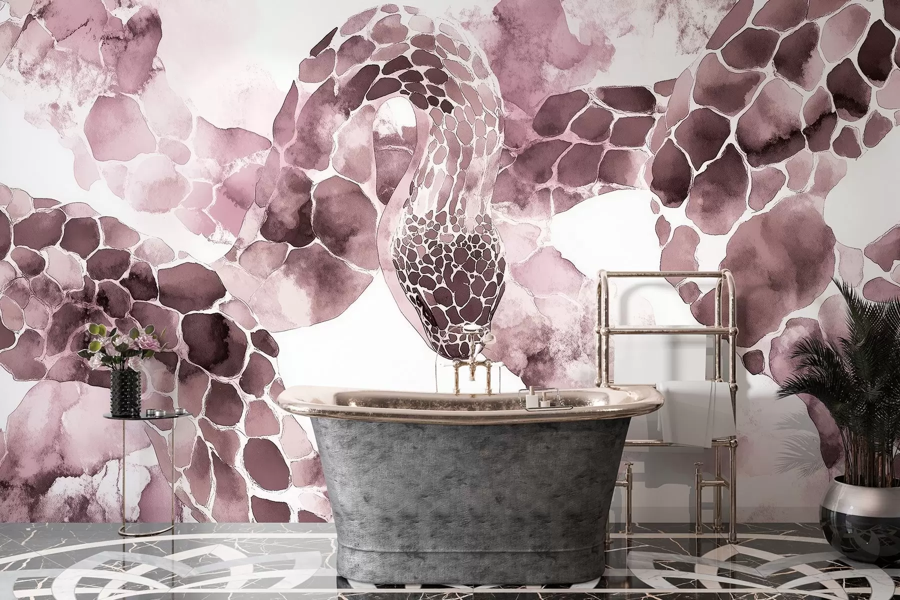 fototapeter Slangesilhuet, akvarel-stil, bordeaux farver w04113v1