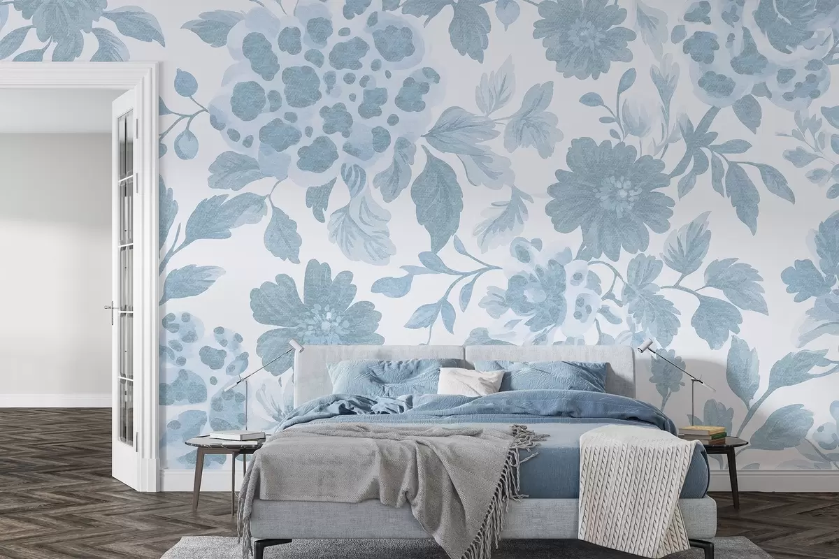 fototapeter Blomster i boho-stil med leopardprint, blå farve w04114v1