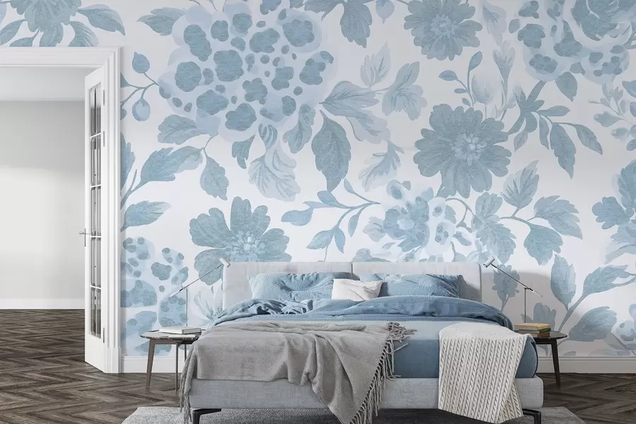 Murale Fleurs de style boho avec imprimé léopard, couleur bleue w04114v1
