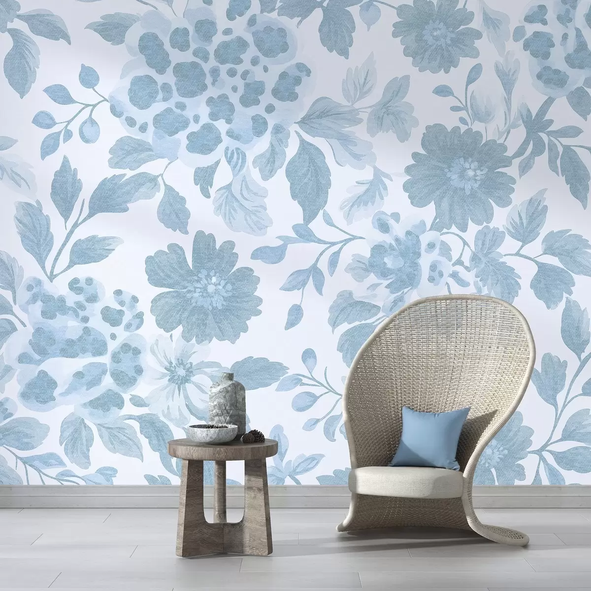 Fototapete Blumen im Boho-Stil mit Leopardenmuster, Farbe blau w04114v1