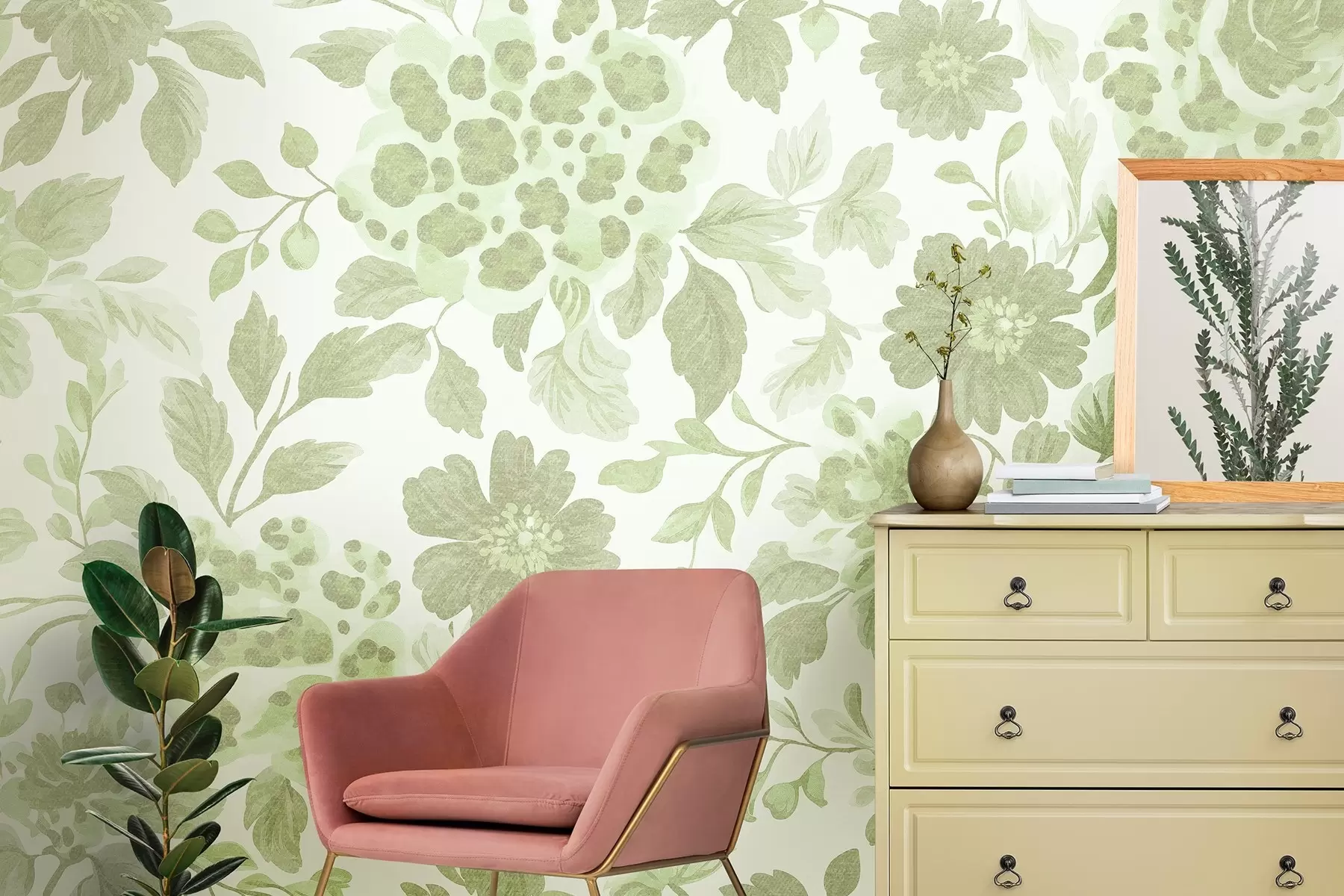 fototapeter Blomster i boho-stil med leopardprint, grøn farve w04114v2