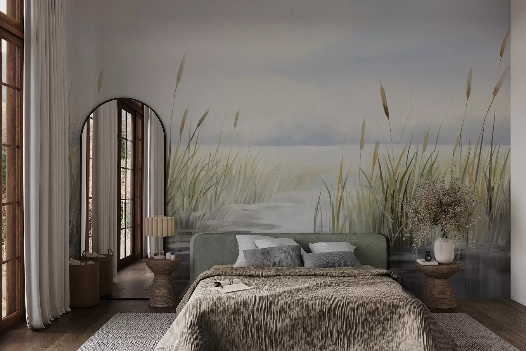 fototapeter Et akvarelmaleri med tekstur, der efterligner et landskab med sø, græs, overskyet himmel og sløret baggrund w09219