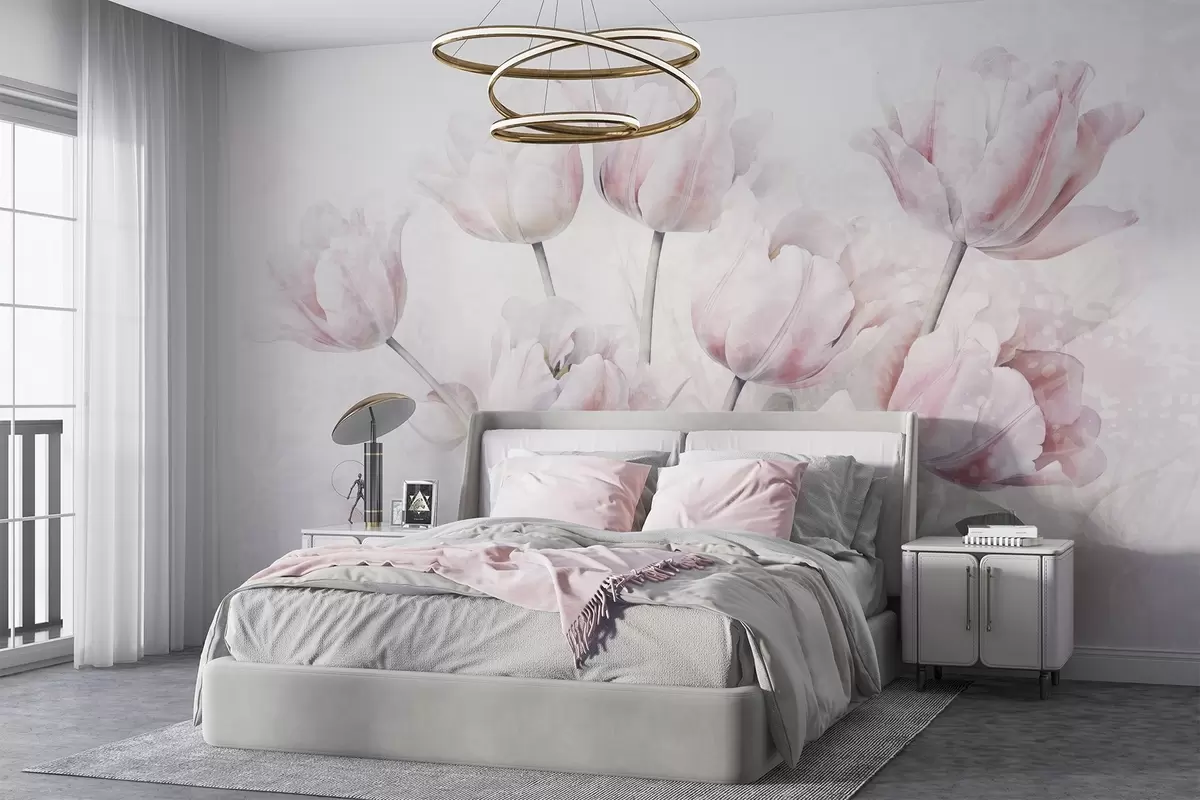 fototapeter Pink strukturerede tulipaner med grønne blade, blødt lys, vintage akvarel-stil, sarte penselstrøg w09220