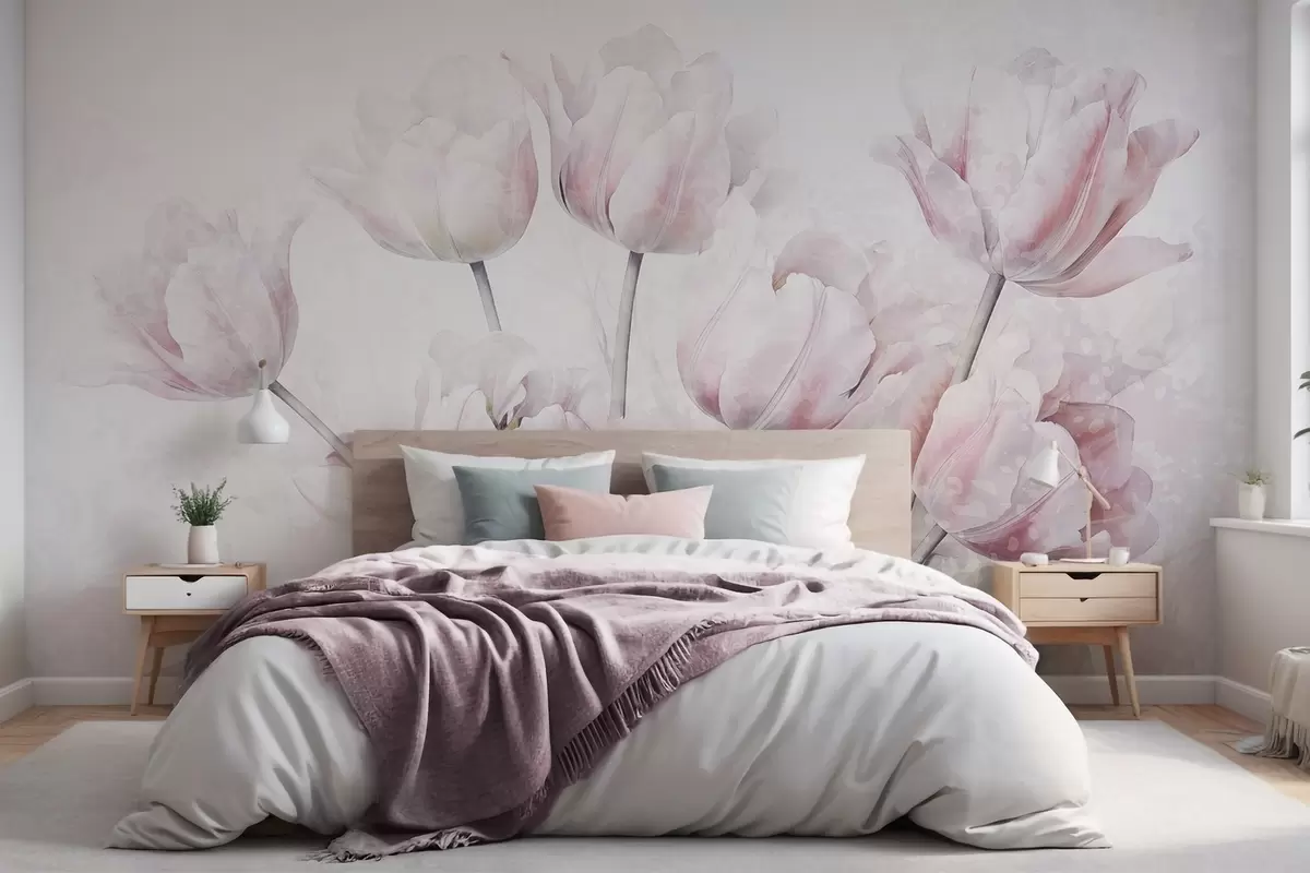 fototapeter Pink strukturerede tulipaner med grønne blade, blødt lys, vintage akvarel-stil, sarte penselstrøg w09220