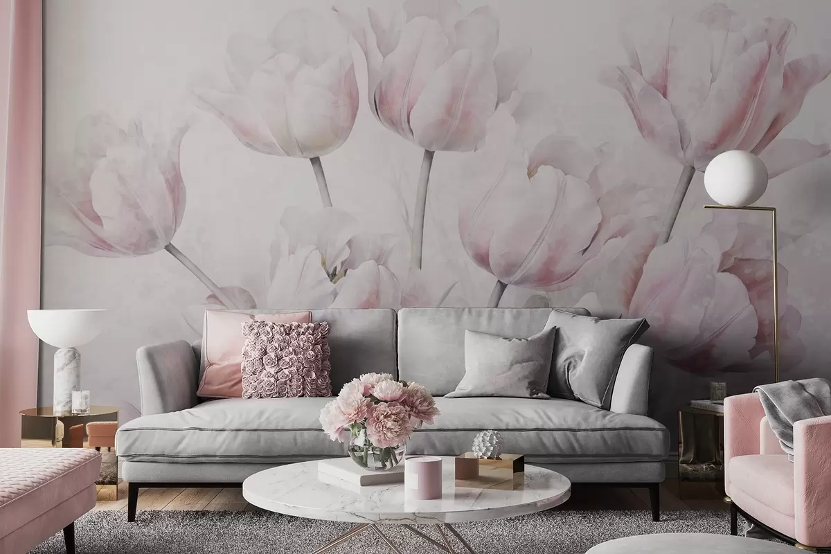 fototapeter Pink strukturerede tulipaner med grønne blade, blødt lys, vintage akvarel-stil, sarte penselstrøg w09220