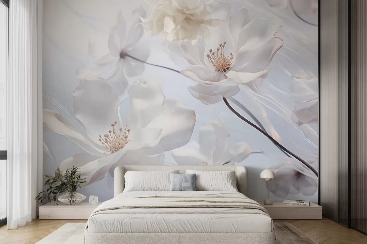 fototapeter Hvide teksturerede gennemsigtige blomster med delikate kronblade, blød lyseblå baggrund, elegant, romantisk, drømmende w09233